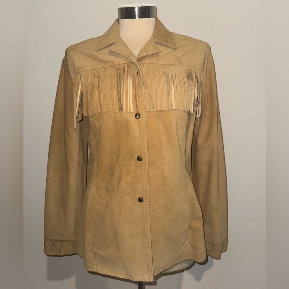 Vakko Tan Leather Jacket with Fringe